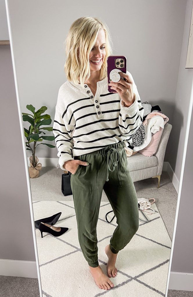 Green joggers with striped sweater