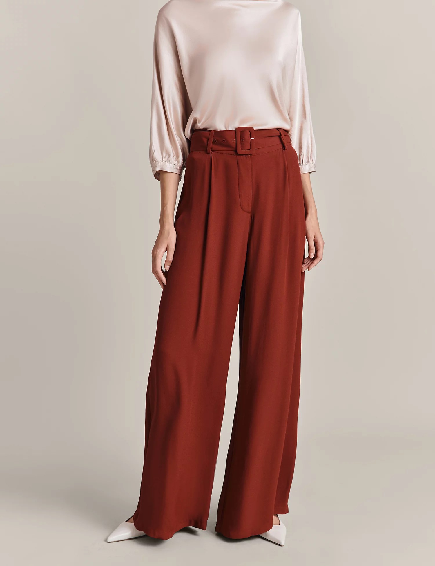 GHOST
Belted Pleat Front Wide Leg Trousers