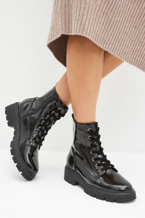 Next Black Textured Patent Forever Comfort® Lace-Up Boots