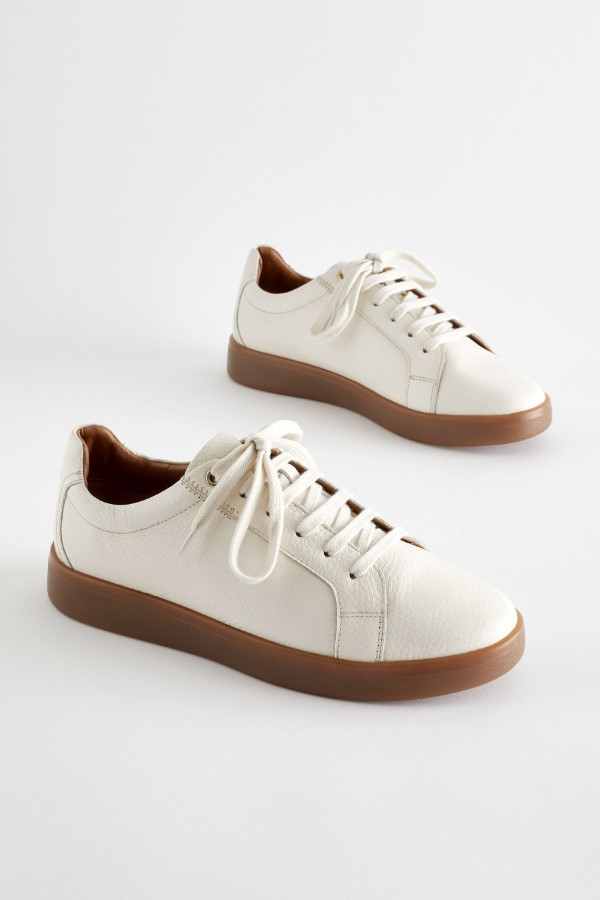 Next Signature Leather Lace-Up Trainers in White/Tan