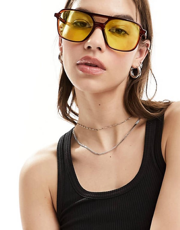 ASOS DESIGN fine frame aviator fashion glasses with yellow lens from ASOS