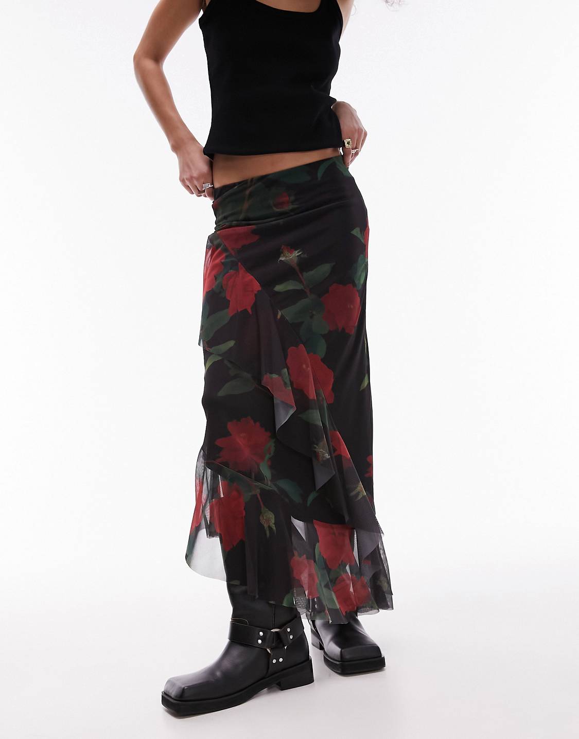 Topshop asymetric ruffle mesh midi skirt in rose floral