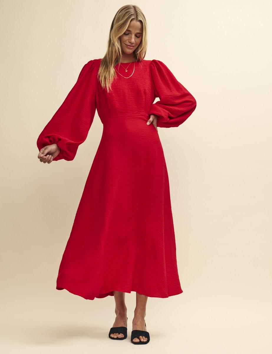 Red Linen-blend Balloon Sleeve Zora Midi Dress, £130, Nobody's Child
