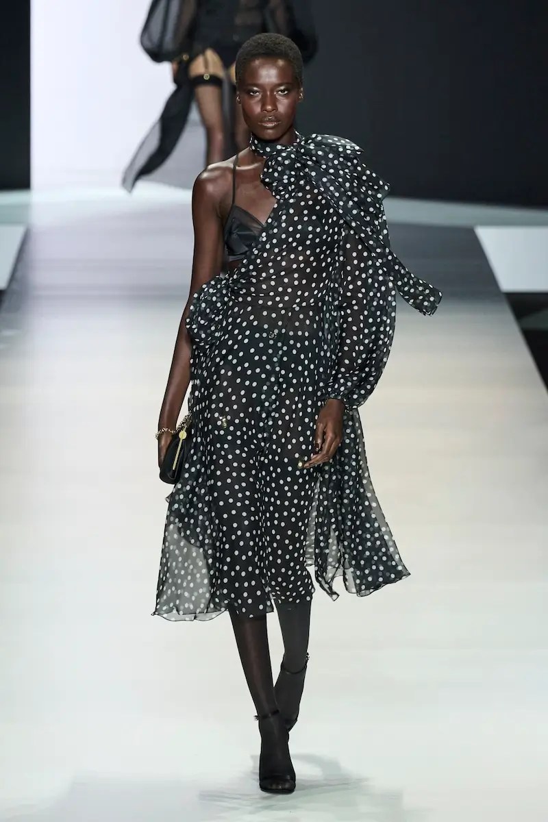 Model wears polka dot dress on the SS24 Dolce & Gabbana runway