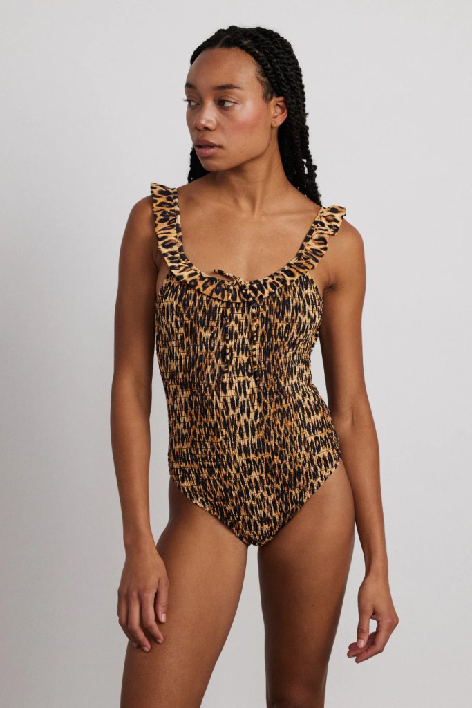 Cheyenne Shirred Ruffle Swimsuit in Leopard print,  £65, Damson Madder