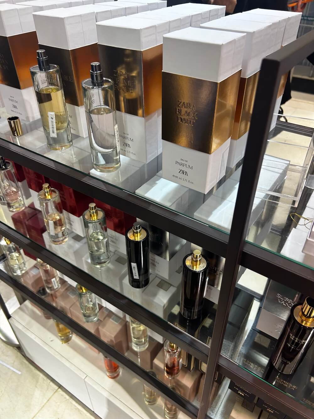 Zara perfume bottles on an in-store display