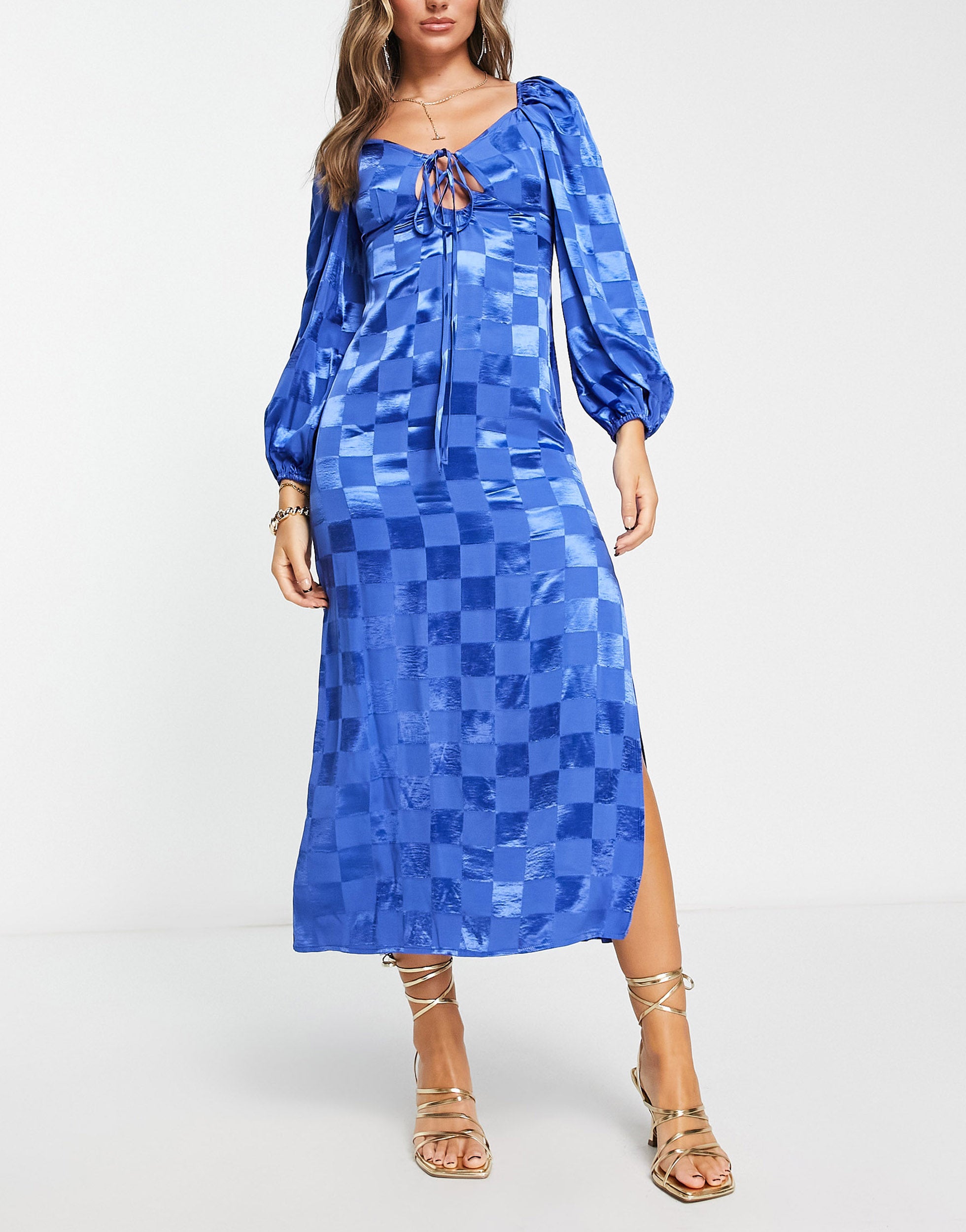 ASOS DESIGN satin checkerboard jacquard midi dress with tie neck detail in blue