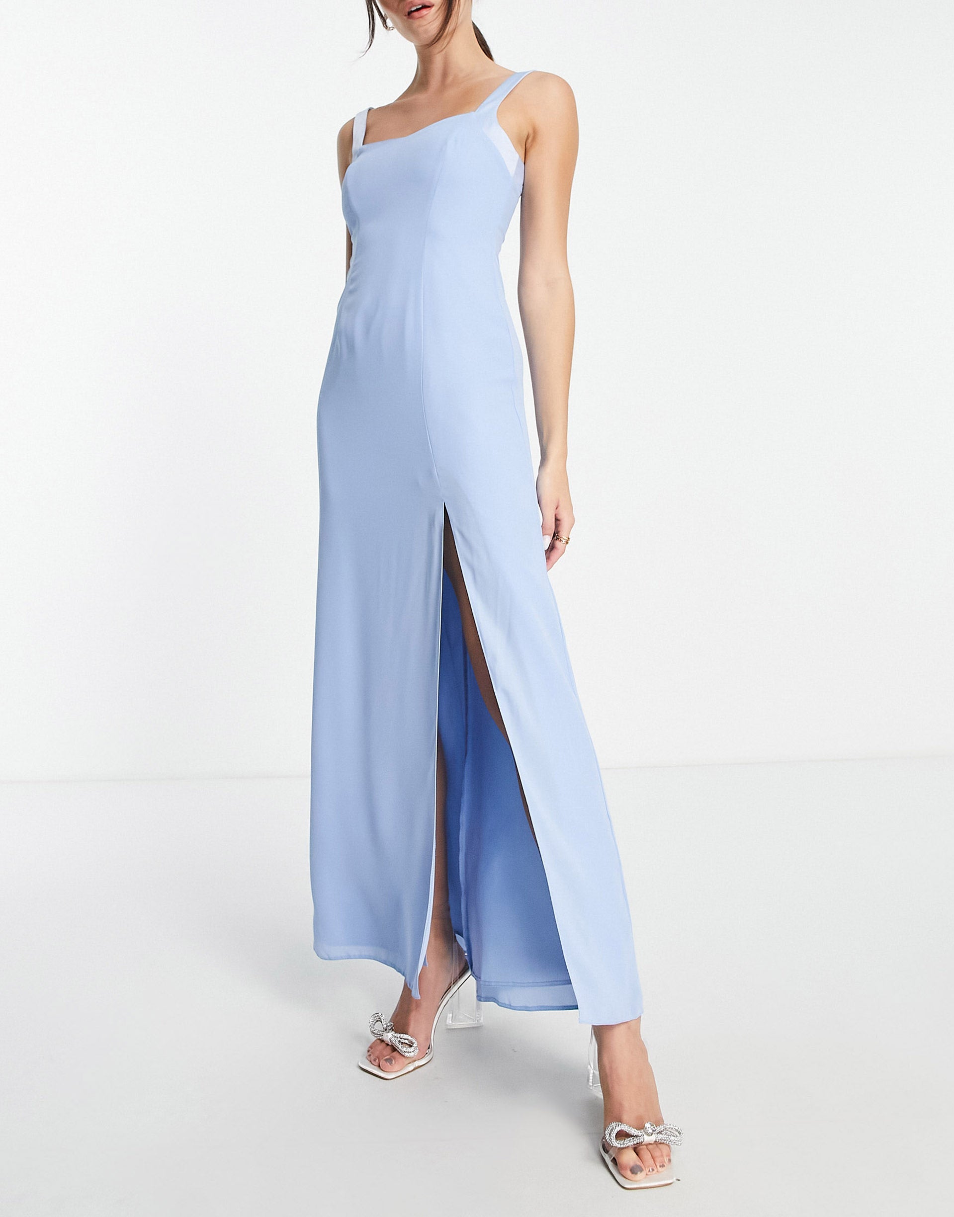 ASOS DESIGN Bridesmaid maxi dress with satin curved neckline and split detail in powder blue