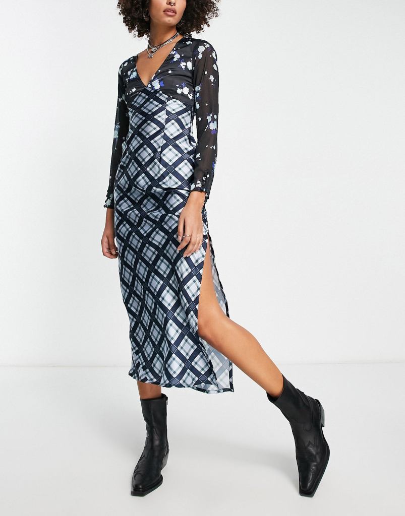 Reclaimed Vintage contrast check and floral long sleeve midi dress in blue