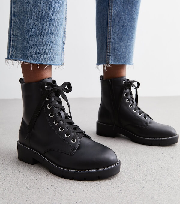 Extra Wide Fit Black Stitch Lace Up Biker Boots, New Look