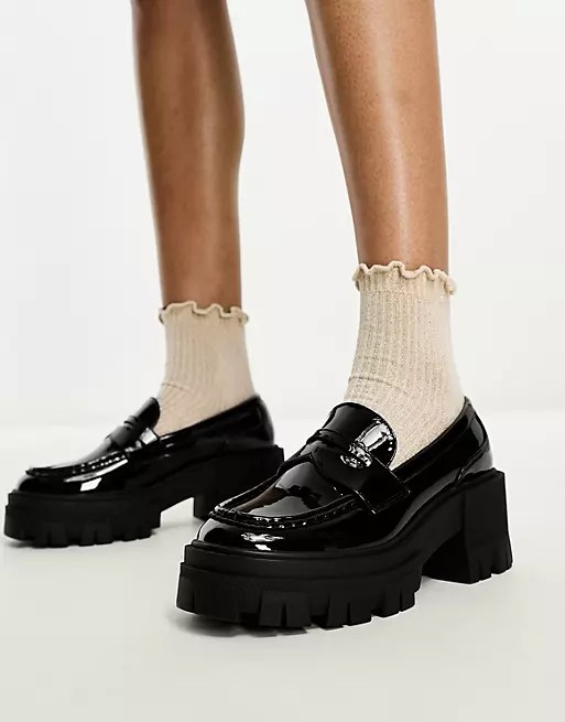 Script chunky mid heeled loafers in black patent, £30, ASOS DESIGN