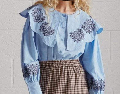 Damson Madder model wearing ROMEO EMBROIDERED BLOUSE BLUE
