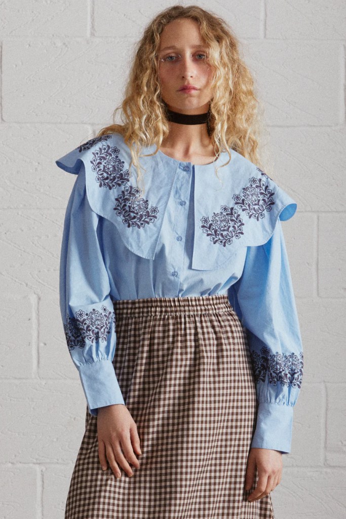 Damson Madder model wearing ROMEO EMBROIDERED BLOUSE BLUE