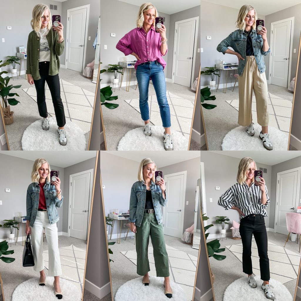 collage of spring mom outfit ideas